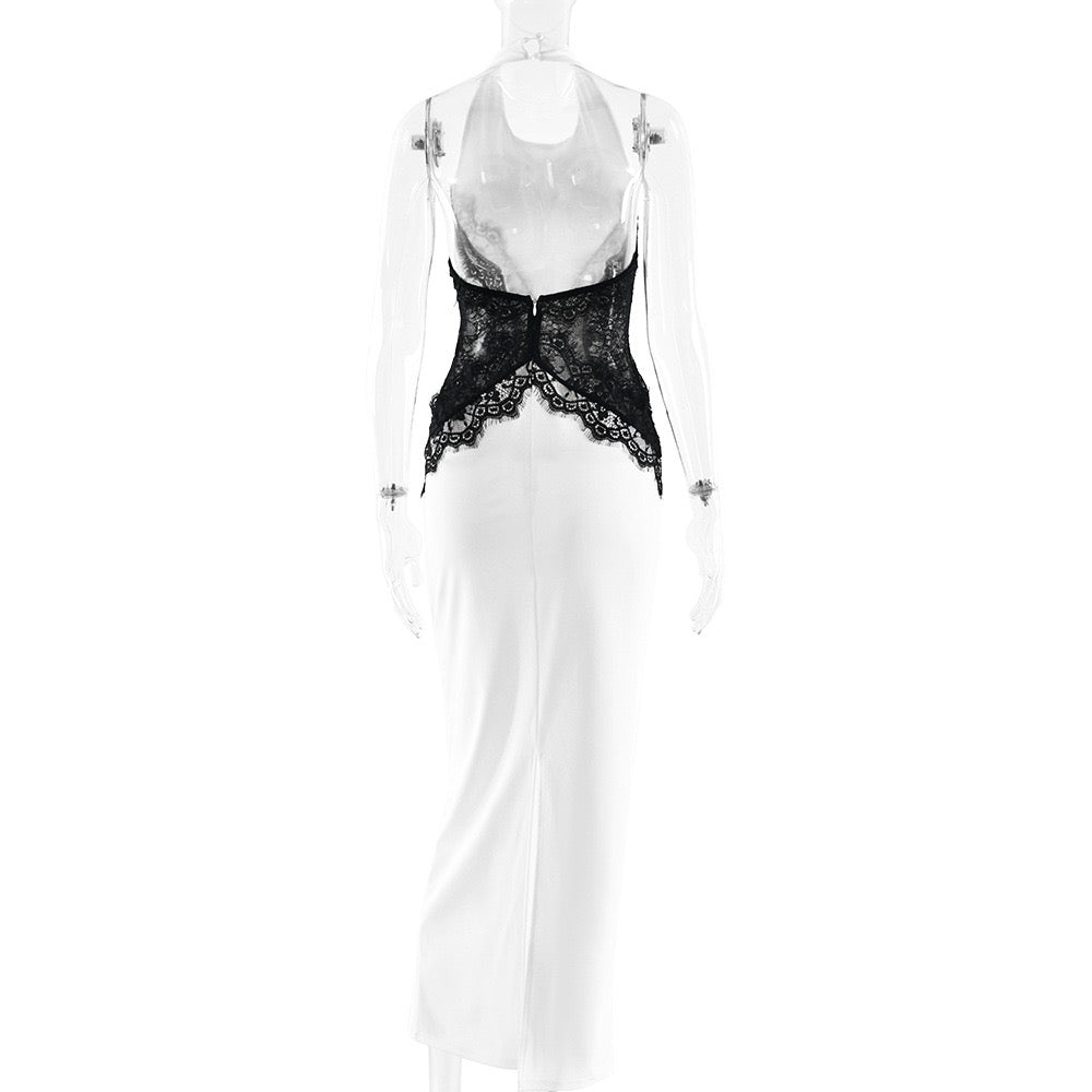 Elegant Maxi Dress with Lace Decoration and Open Back - CANDICE