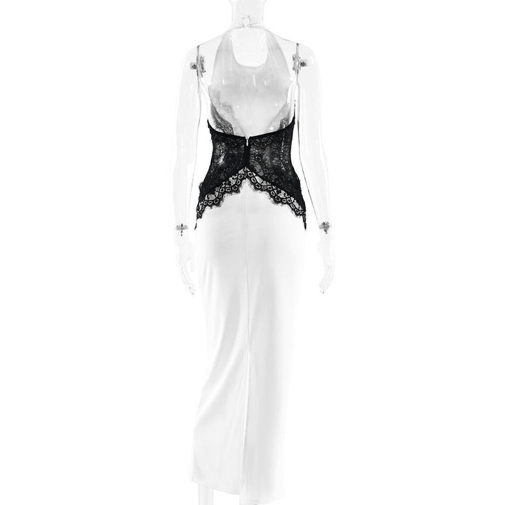 Elegant Maxi Dress with Lace Decoration and Open Back - CANDICE