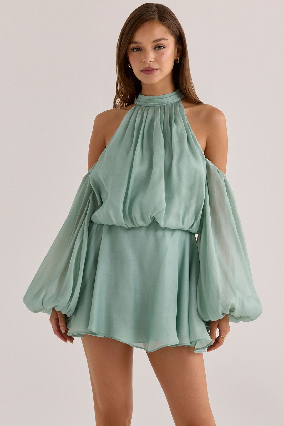 Hola chiffon ruffle mini dress with off-the-shoulder styling