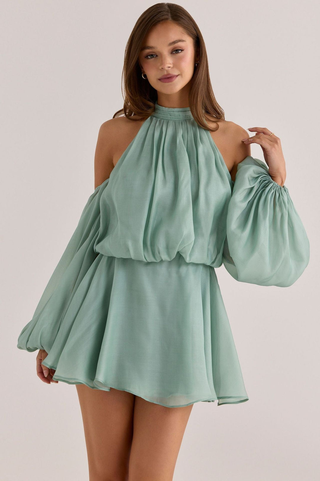 Hola chiffon ruffle mini dress with off-the-shoulder styling