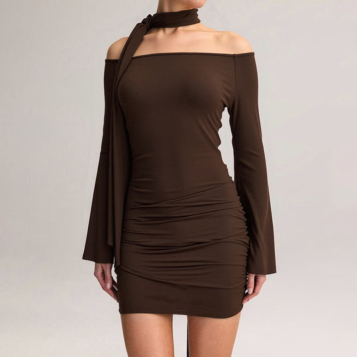 Mini off-shoulder dress with scarf decoration - Or