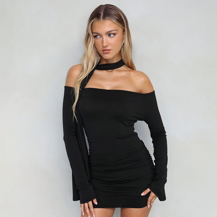 Mini off-shoulder dress with scarf decoration - Or