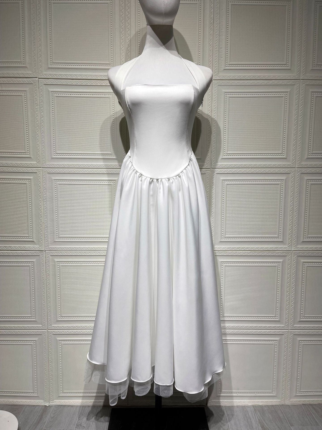 Marlene midi dress with a neck tie, open back, and tulle trim