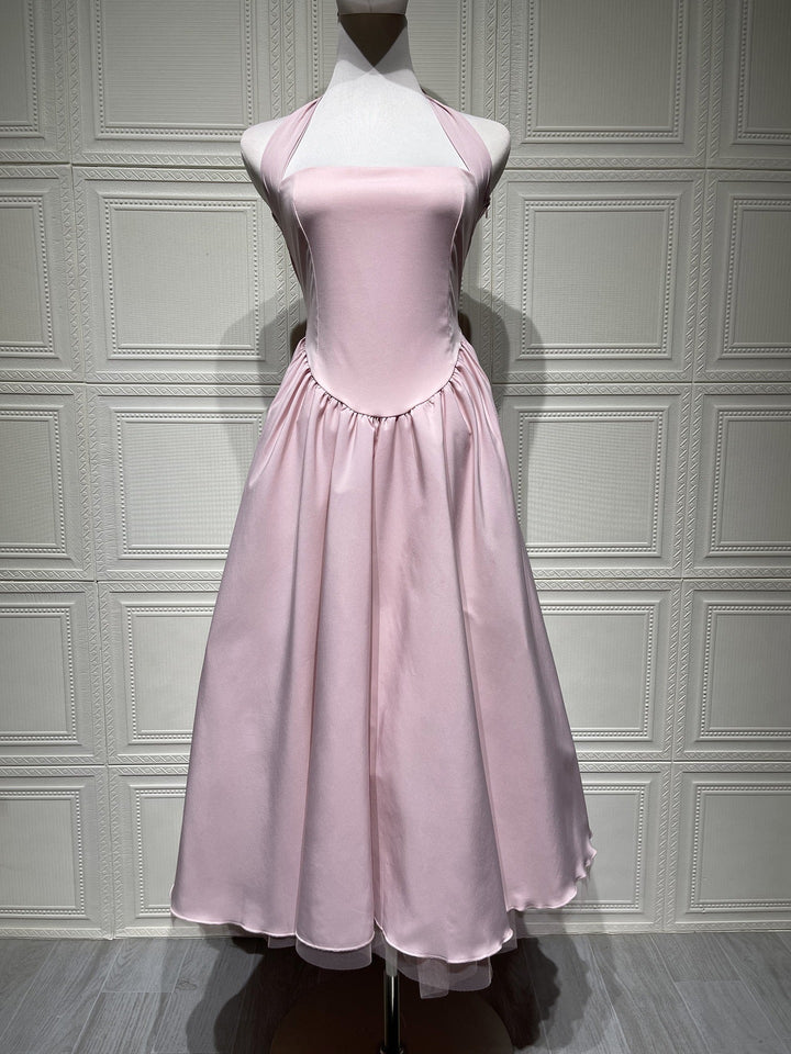 Marlene midi dress with a neck tie, open back, and tulle trim
