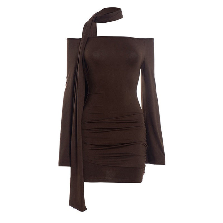Mini off-shoulder dress with scarf decoration - Or