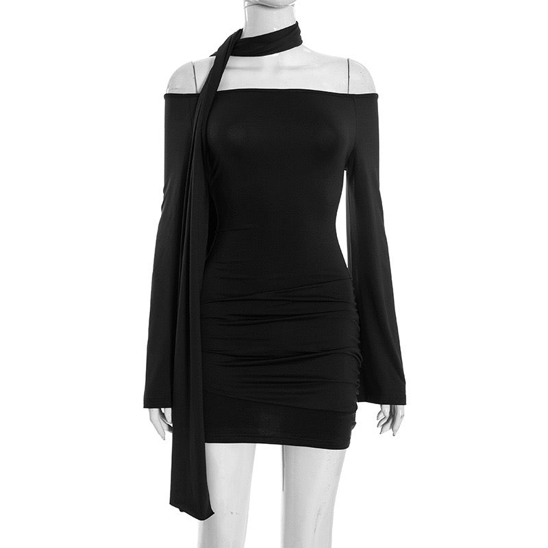 Mini off-shoulder dress with scarf decoration - Or