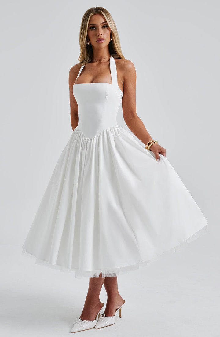 Marlene midi dress with a neck tie, open back, and tulle trim