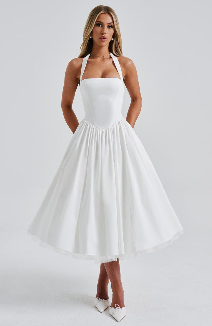 Marlene midi dress with a neck tie, open back, and tulle trim