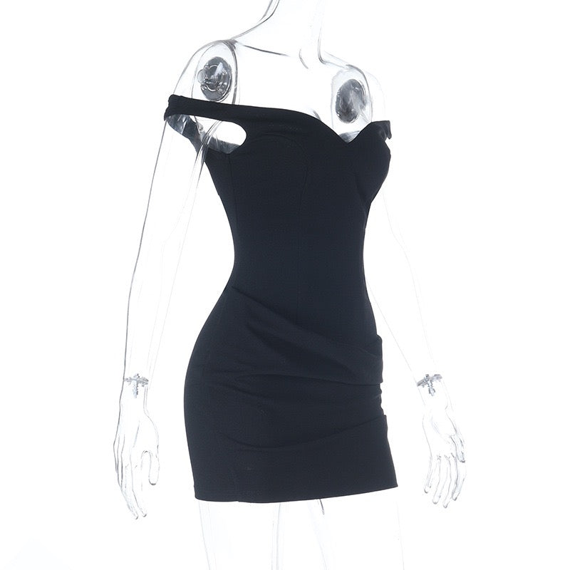 Off-shoulder mini dress with pleated design - Cherry