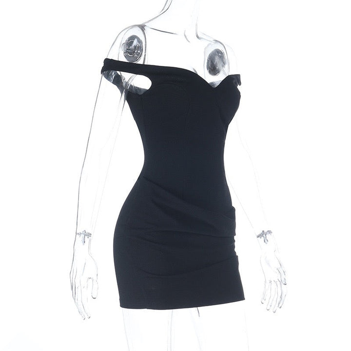 Off-shoulder mini dress with pleated design - Cherry
