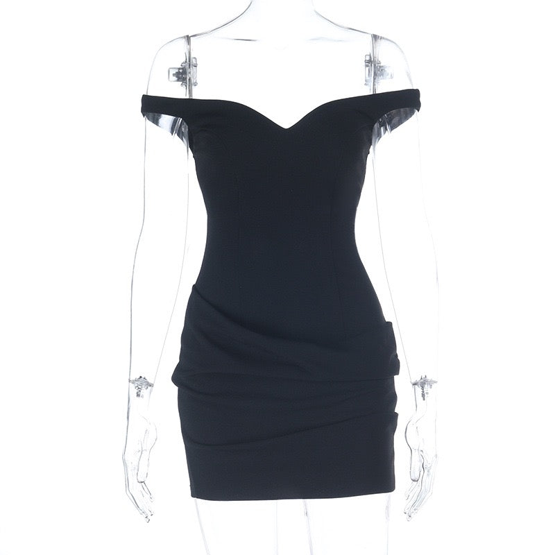 Off-shoulder mini dress with pleated design - Cherry