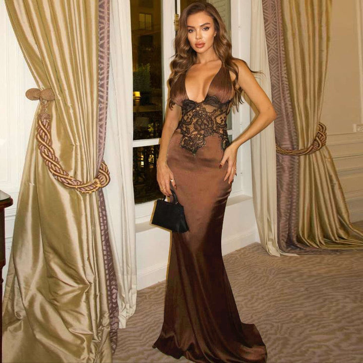 Satin Maxi Dress with Lace and Exposed Back Design - CICILIA