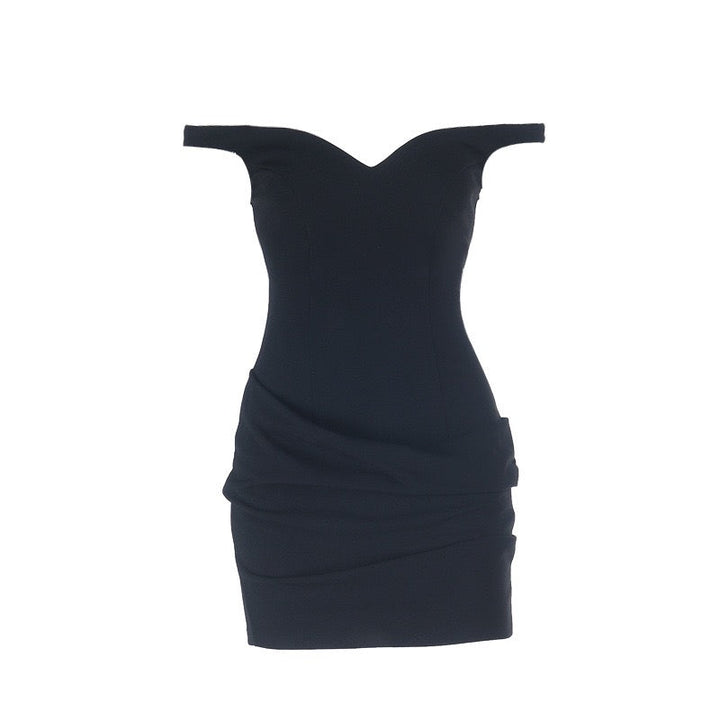 Off-shoulder mini dress with pleated design - Cherry