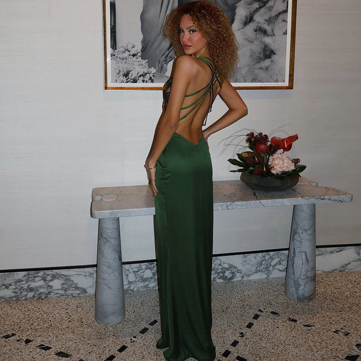 Satin Maxi Dress with Lace and Exposed Back Design - CICILIA