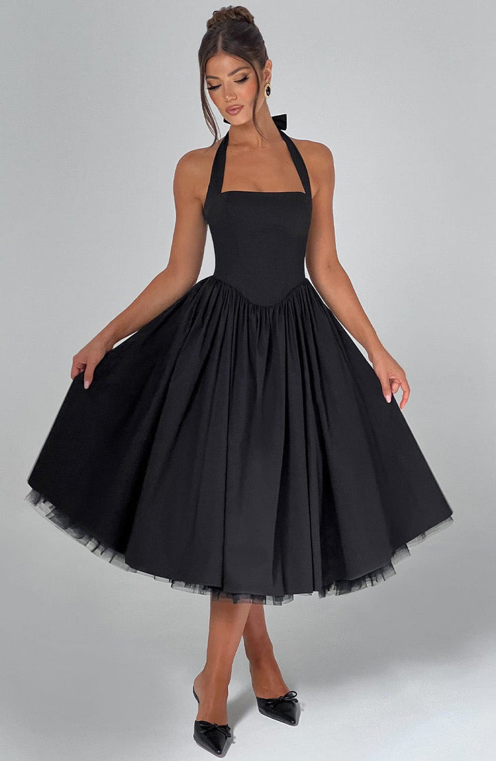 Marlene midi dress with a neck tie, open back, and tulle trim
