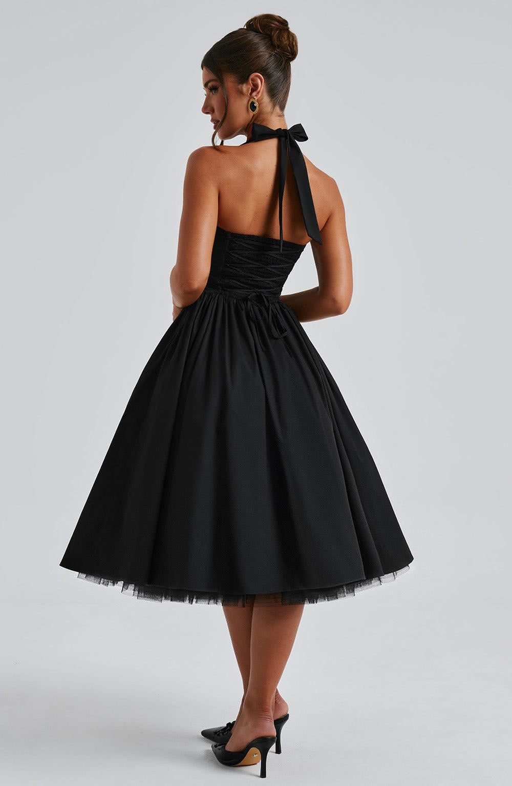 Marlene midi dress with a neck tie, open back, and tulle trim