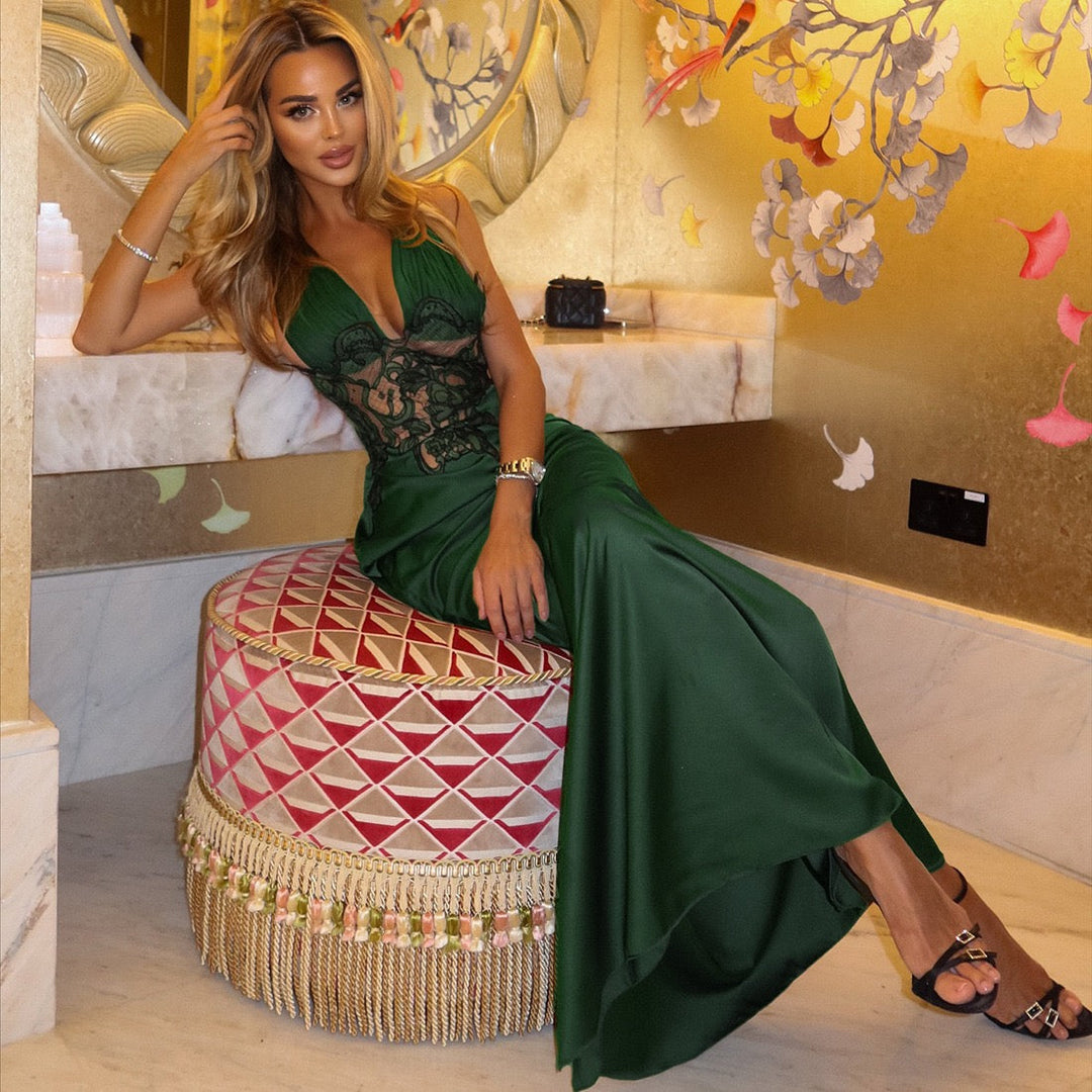 Satin Maxi Dress with Lace and Exposed Back Design - CICILIA