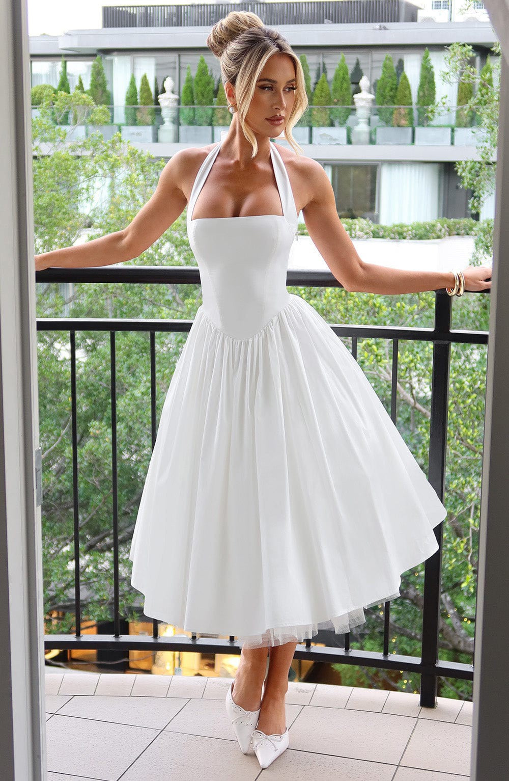Marlene midi dress with a neck tie, open back, and tulle trim