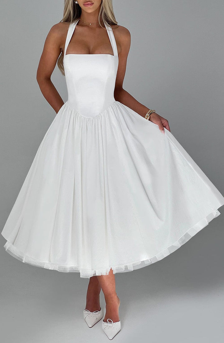 Marlene midi dress with a neck tie, open back, and tulle trim