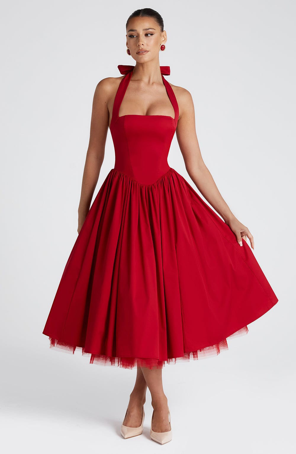 Marlene midi dress with a neck tie, open back, and tulle trim