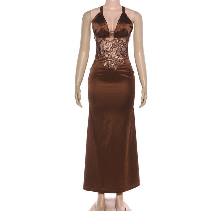 Satin Maxi Dress with Lace and Exposed Back Design - CICILIA