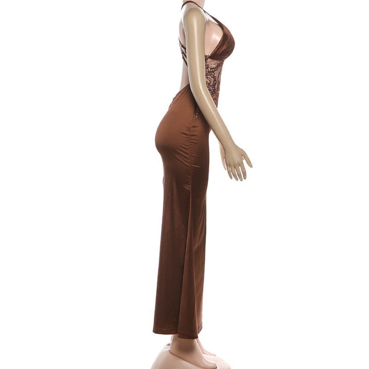 Satin Maxi Dress with Lace and Exposed Back Design - CICILIA