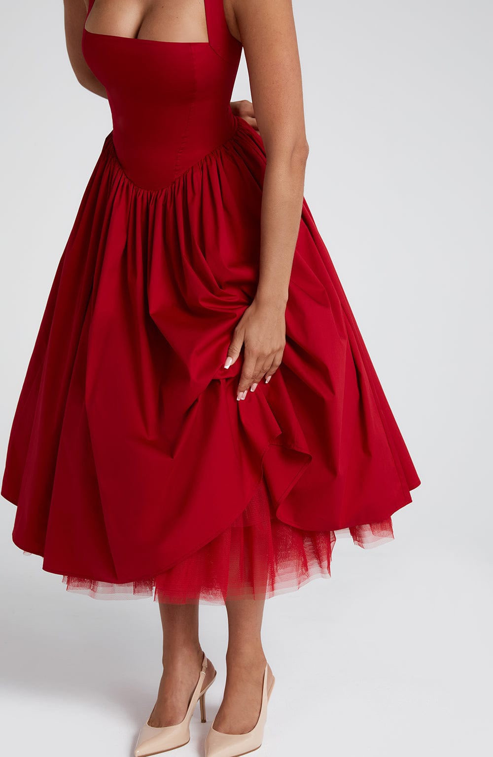 Marlene midi dress with a neck tie, open back, and tulle trim