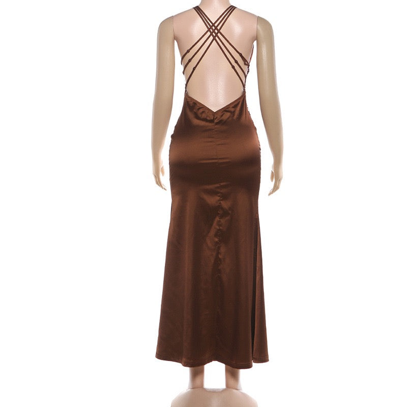 Satin Maxi Dress with Lace and Exposed Back Design - CICILIA