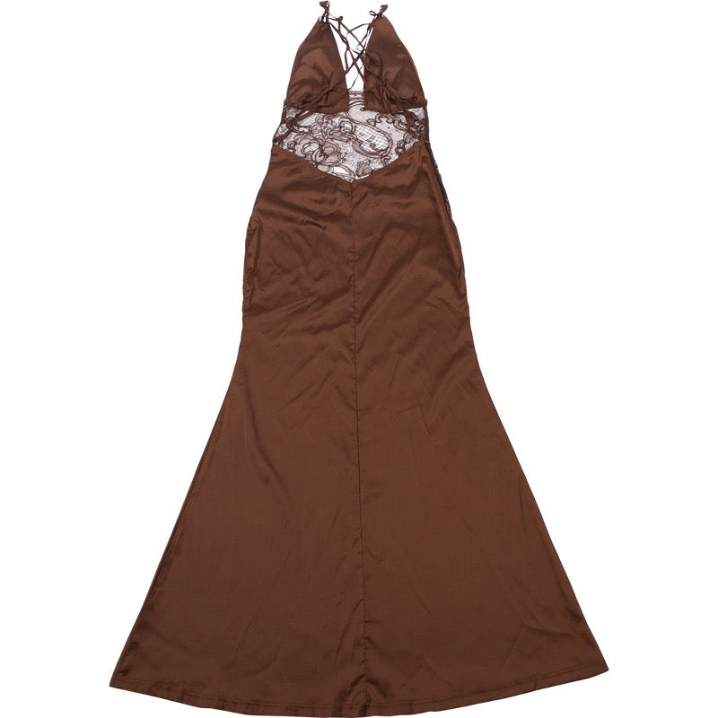 Satin Maxi Dress with Lace and Exposed Back Design - CICILIA
