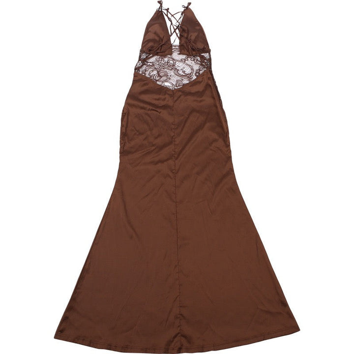Satin Maxi Dress with Lace and Exposed Back Design - CICILIA