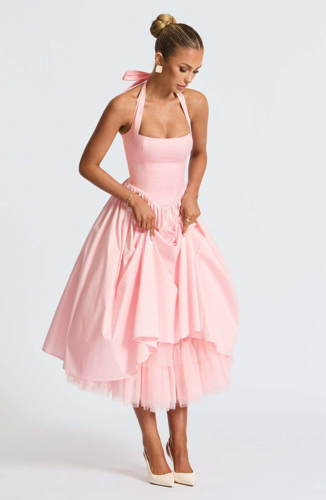 Marlene midi dress with a neck tie, open back, and tulle trim