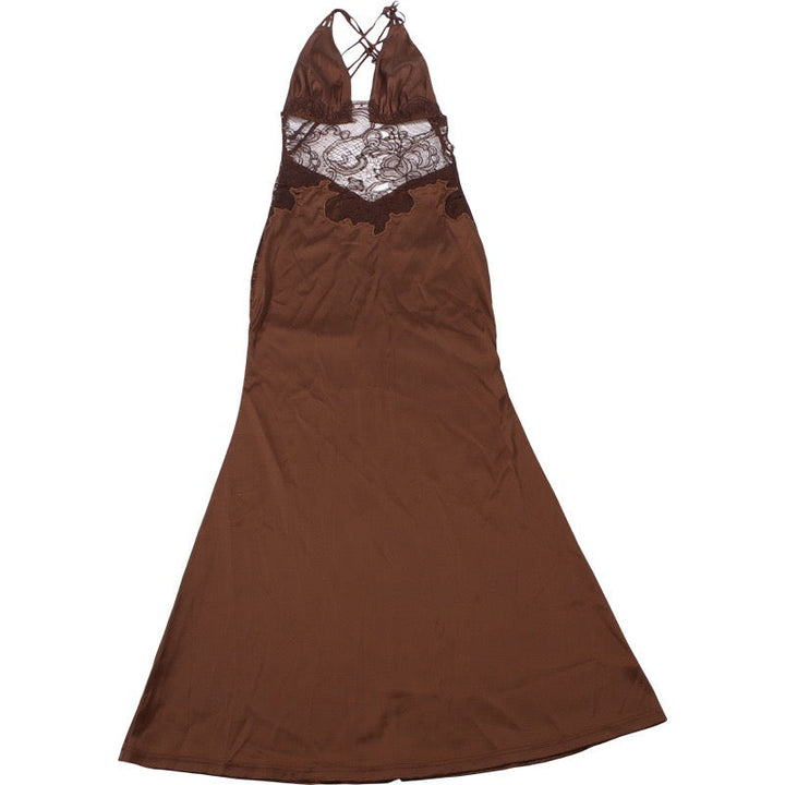 Satin Maxi Dress with Lace and Exposed Back Design - CICILIA