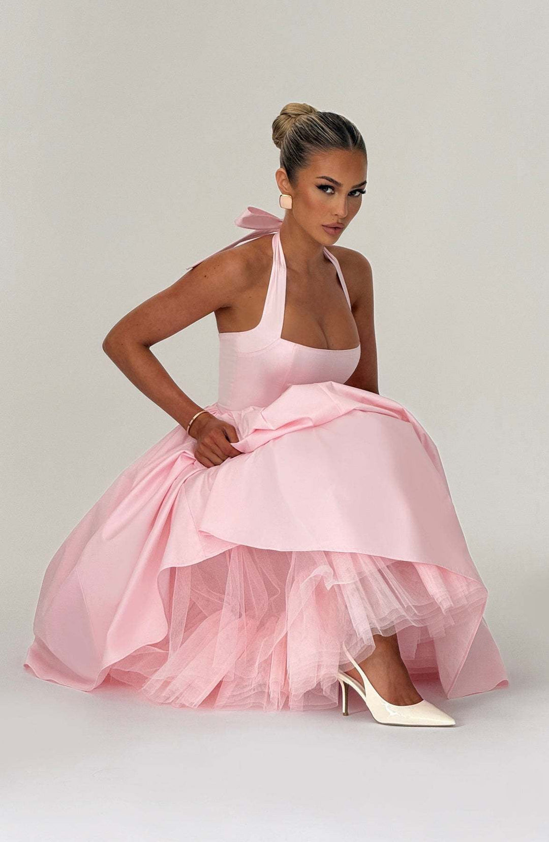 Marlene midi dress with a neck tie, open back, and tulle trim