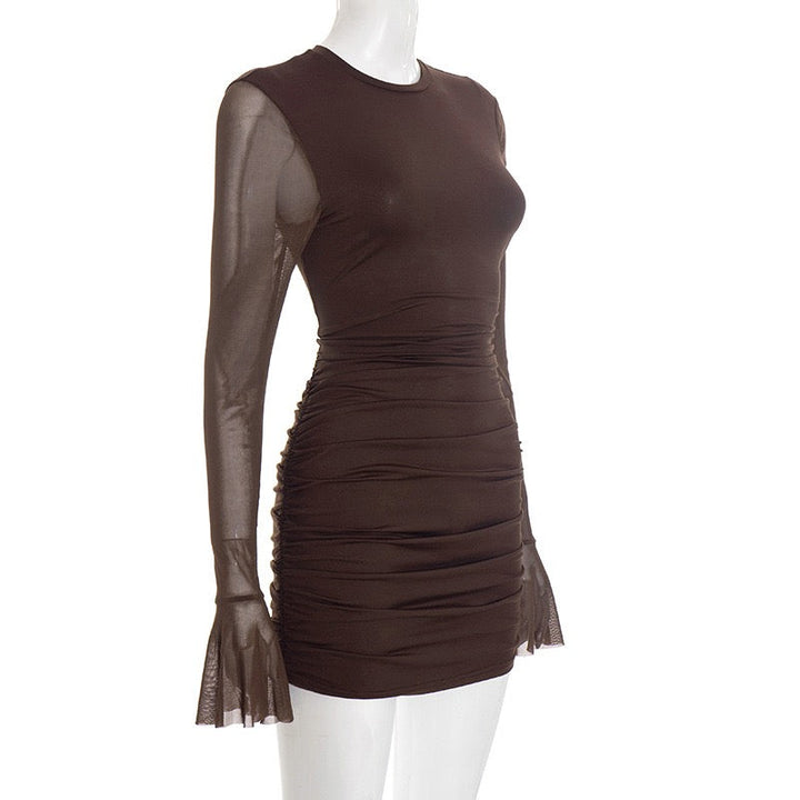 Mini dress with ruching design and chiffon sleeves, open back - Rom
