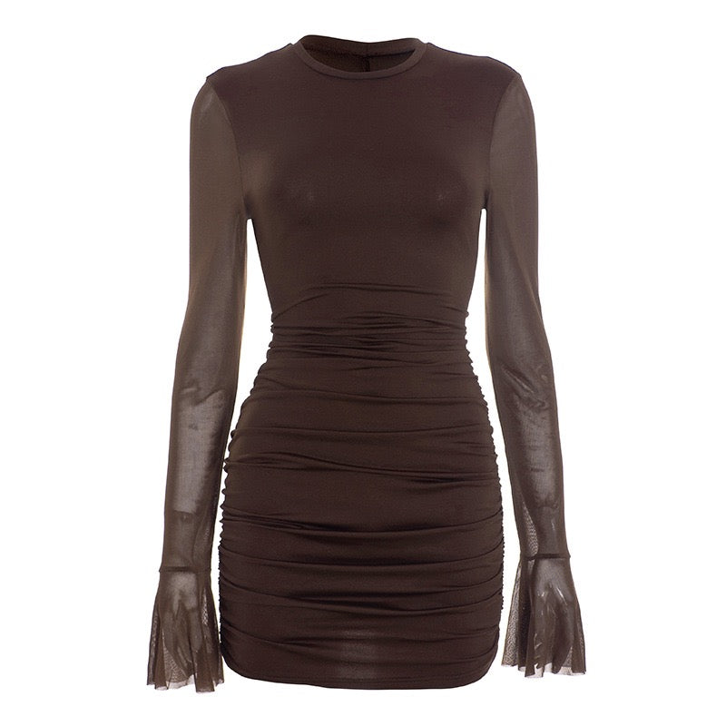Mini dress with ruching design and chiffon sleeves, open back - Rom