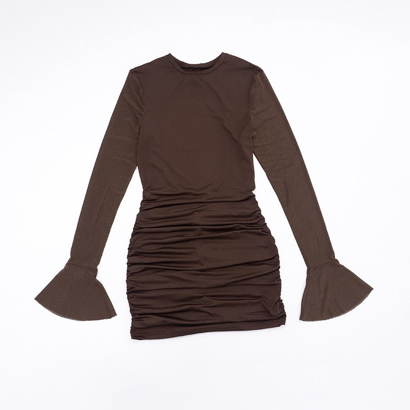 Mini dress with ruching design and chiffon sleeves, open back - Rom