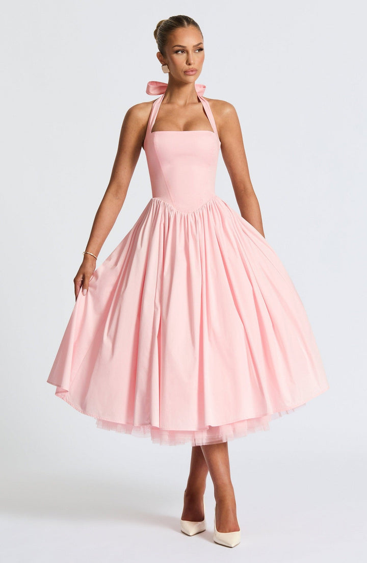 Marlene midi dress with a neck tie, open back, and tulle trim