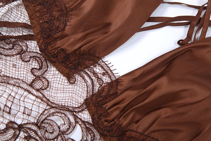 Satin Maxi Dress with Lace and Exposed Back Design - CICILIA