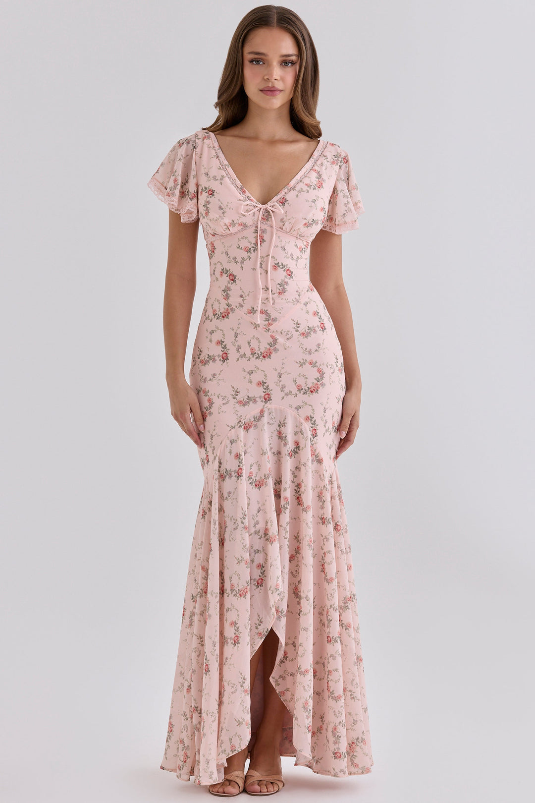 Floral satin maxi dress with lace trim - FLORIE