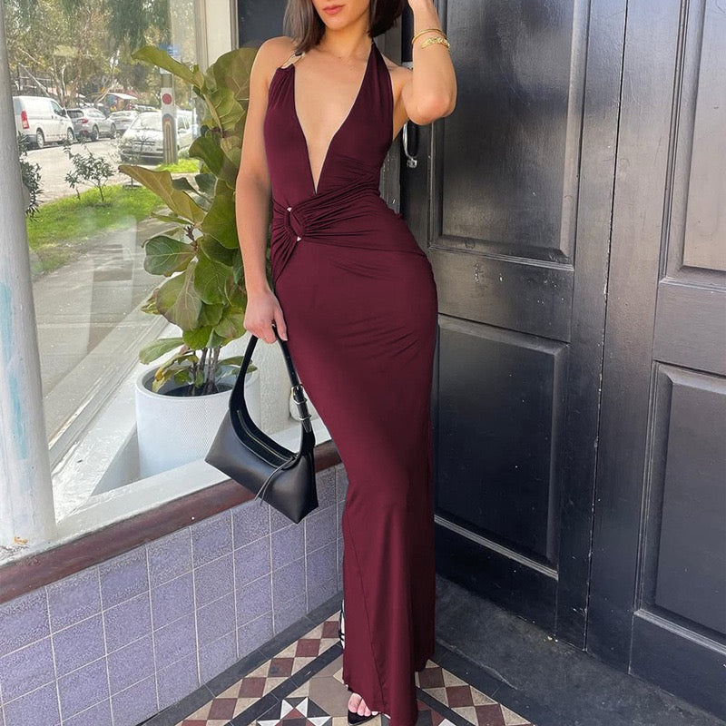 Fitted Maxi Dress with Open Back, Shirring, and Buckle Design - Wally