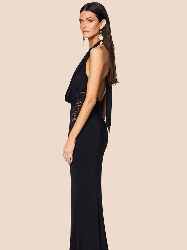 Maxi dress with lace decoration, tie at the nape, open back - ANNA