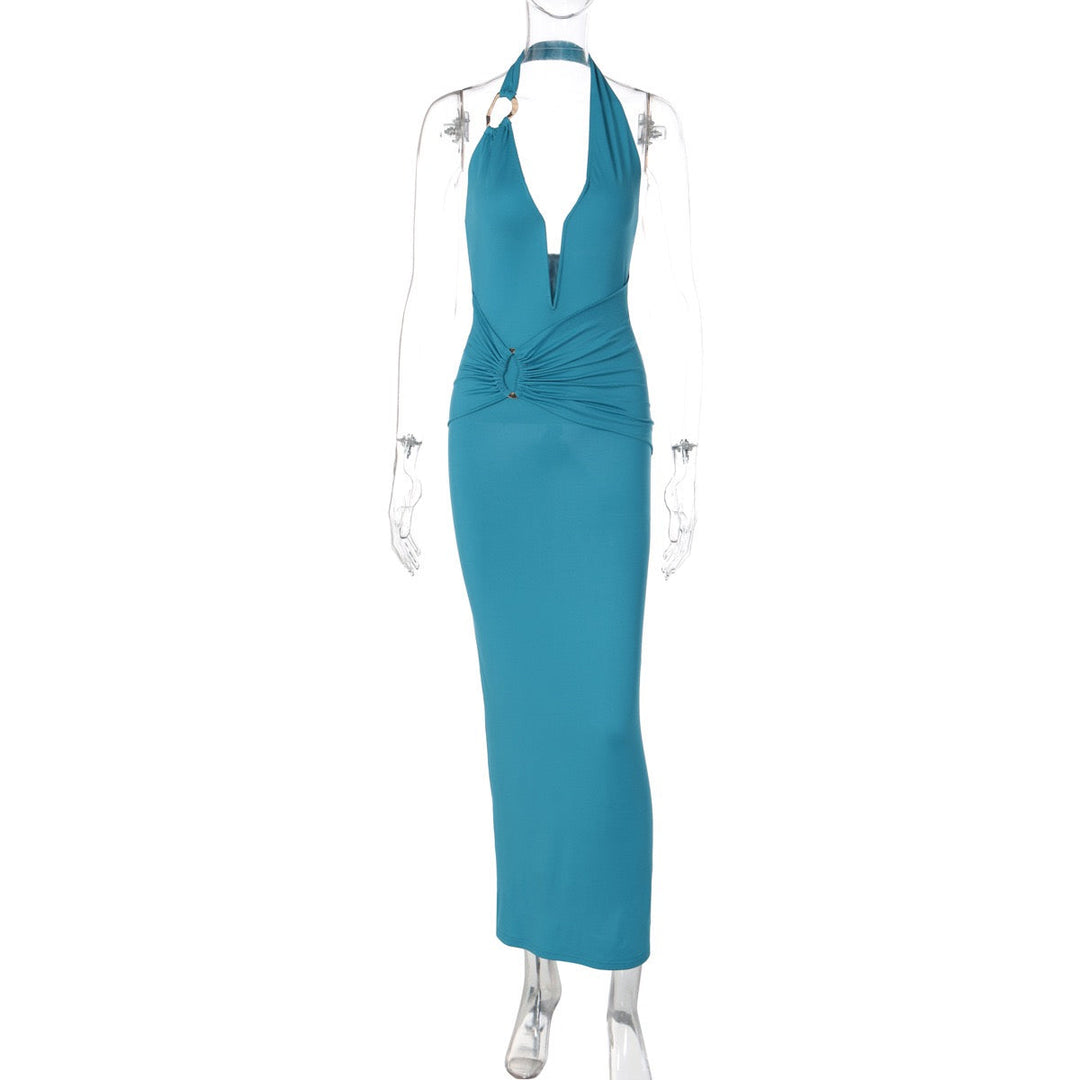 Fitted Maxi Dress with Open Back, Shirring, and Buckle Design - Wally