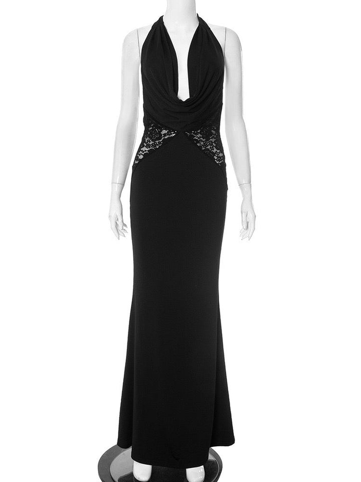 Maxi dress with lace decoration, tie at the nape, open back - ANNA