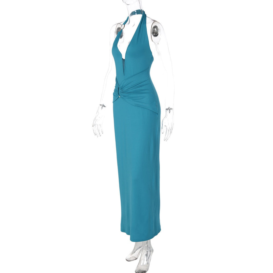 Fitted Maxi Dress with Open Back, Shirring, and Buckle Design - Wally