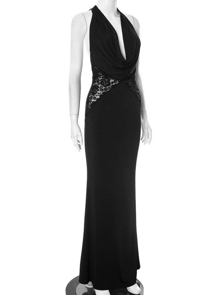 Maxi dress with lace decoration, tie at the nape, open back - ANNA