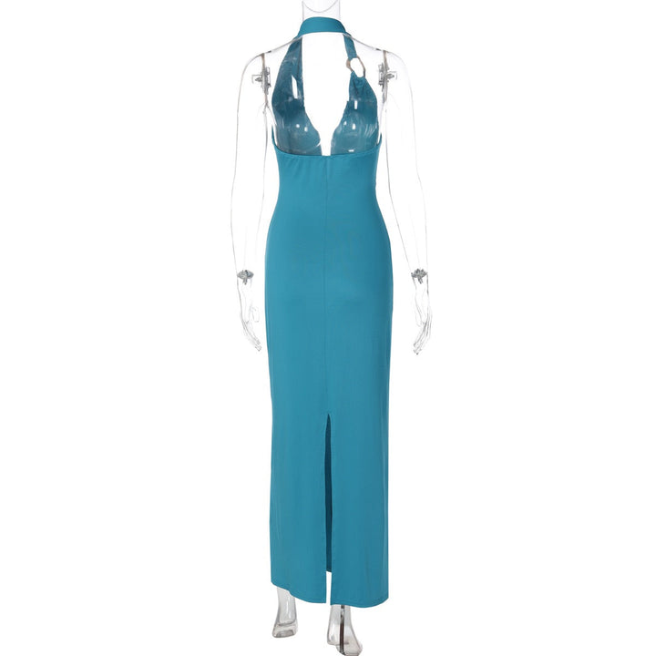 Fitted Maxi Dress with Open Back, Shirring, and Buckle Design - Wally