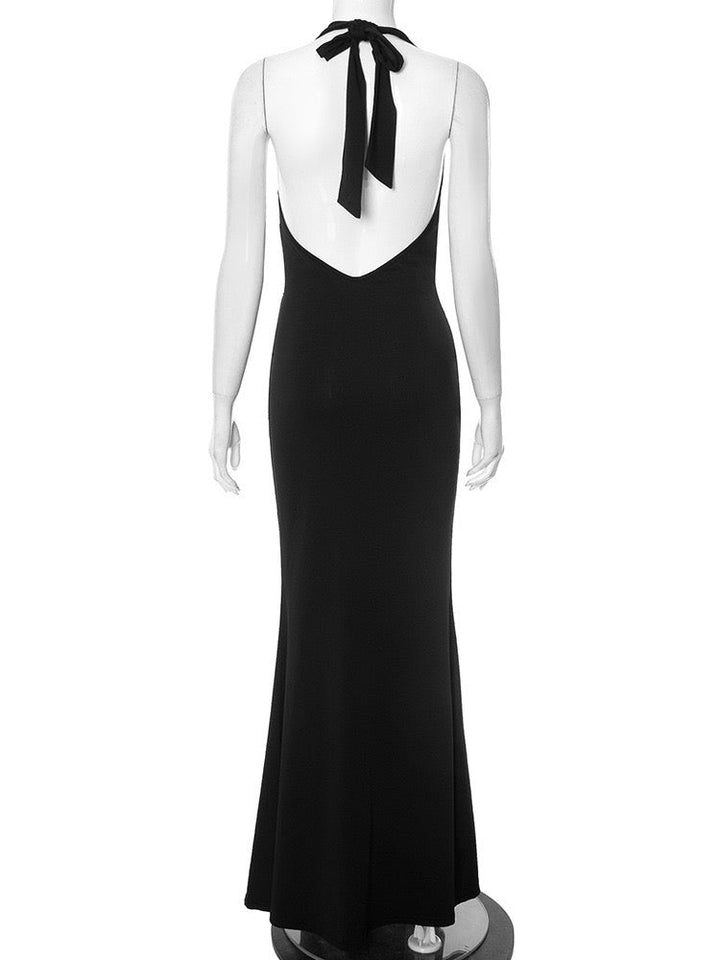 Maxi dress with lace decoration, tie at the nape, open back - ANNA