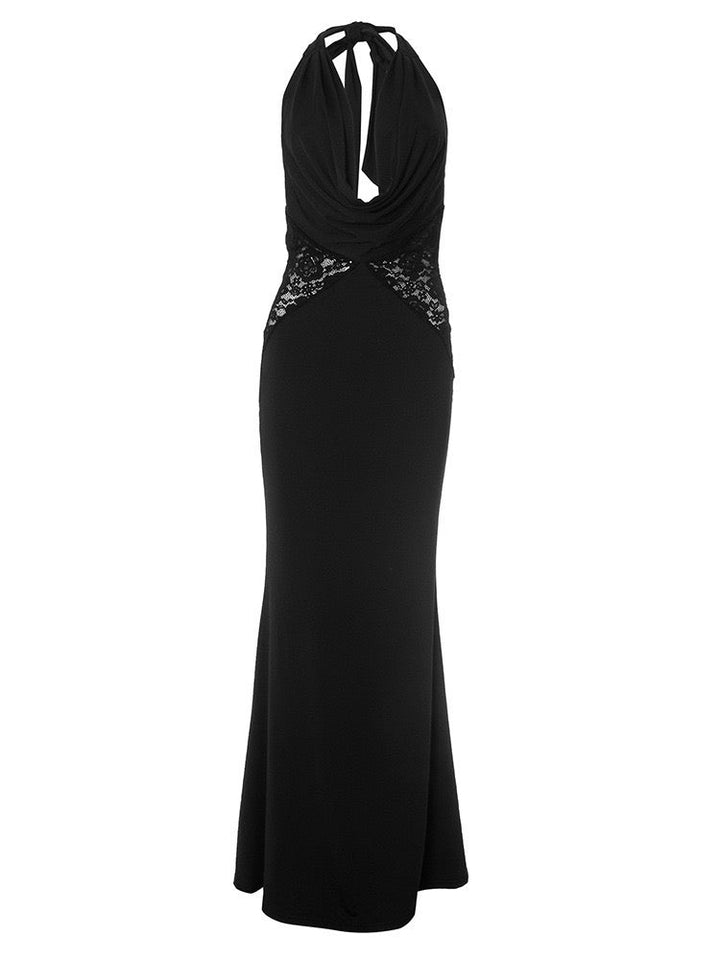 Maxi dress with lace decoration, tie at the nape, open back - ANNA