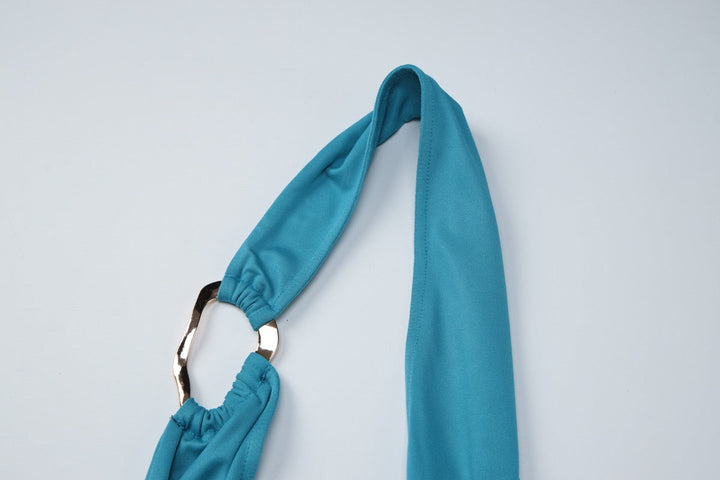 Fitted Maxi Dress with Open Back, Shirring, and Buckle Design - Wally