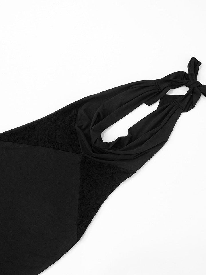 Maxi dress with lace decoration, tie at the nape, open back - ANNA